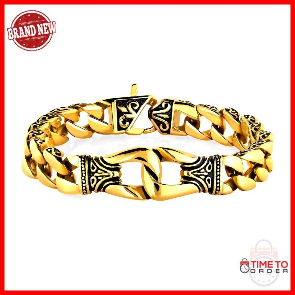 Men's 24K Gold Plated Fleur De Lis Link Bracelet, Heavy Chain, 8.5-9 Inch